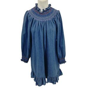 Rixo Azalea Smocked Denim Puff Sleeve Ruffle Mini Dress Size XS US 4 Prairie